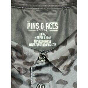 PINS‎ & ACES Golf Polo Shirt Men's Large Black & Grey Leopard Print Short Sleeve